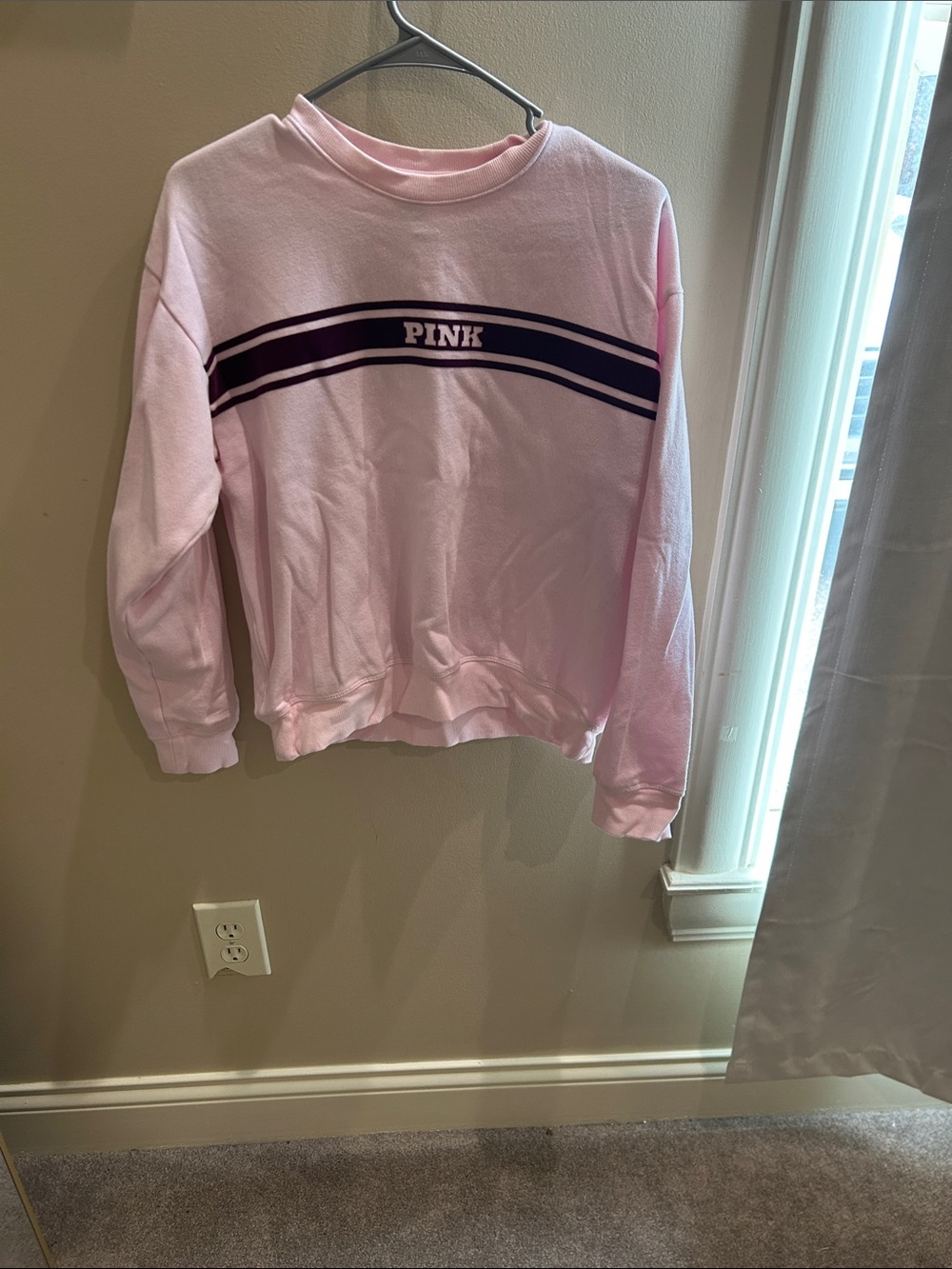 PINK Victoria's Secret Light Pink Crewneck Sweater with Dark Purple Stripes